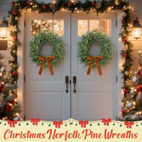 2 Pcs LED Christmas Norfolk Pine Wreath, Gold Bow, Classic - Image 5