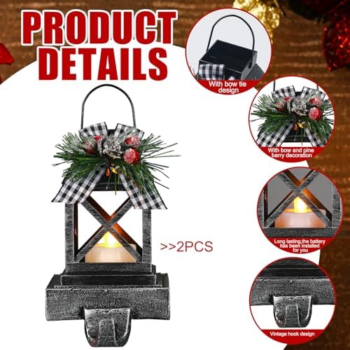 Therwen 2 Pcs Christmas Stocking Holders Lantern, LED, Classic, Black - Image 2