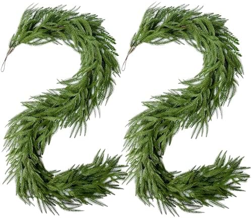 2Pcs Christmas Norfolk Pine Garlands, 6Ft Real Touch Artificial Faux Winter Dense Greenery Garland for Table Mantle Fireplace Wall Fence Stair Window Xmas Wreath Indoor Outdoor Holiday Decoration by AKAUKIN