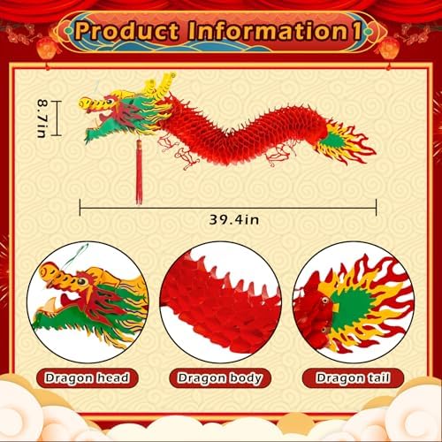 23Pcs Chinese Decorations for Party with 2 3D Dragons & 20 Red Lanterns - Image 2