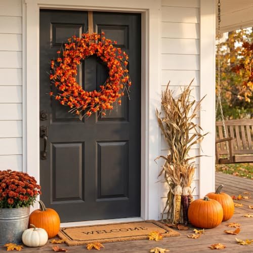 Autumn Bittersweet Wreath 22 inch - Handcrafted Fall Harvest Front Door Decoration Artificial Orange Berries and Yellow Leaves, Perfect for Thanksgiving, Halloween, and Outdoor Home Décor - Image 2