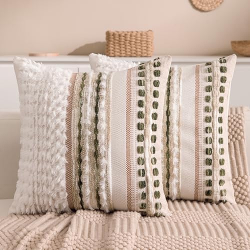 Boho Chenille Tufted Couch Throw Pillow Covers 18x18 Inch Set of 2 Farmhouse Striped Decorative Pillow Covers Accent Neutral Square Pillowcase Green Cushion Covers for Livingroom Sofa Bed by KOOLIFE