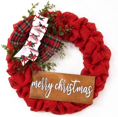 16 Inch Merry Christmas Burlap Wreath for Front Door with Buffalo Bow by Canlierr