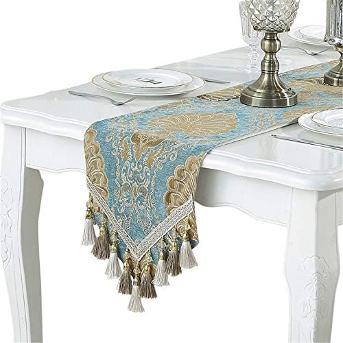 Embroidery Luxury Table Runner Jacquard Floral Dresser Scarf with Multi-Tassels, 13" x 62", Blue by Dimatic