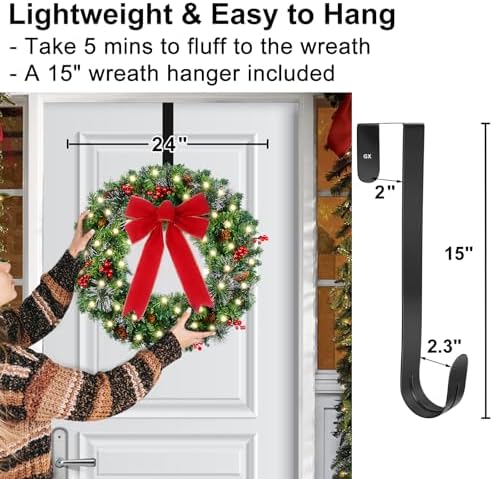 24in Prelit Christmas Wreath for Front Door Christmas Decorations- Timer 8 Light Modes- Battery Operated Lighted Christmas Door Wreath Pre-Decorated with 50 Lights Pinecone Berries Bow Hanger - Image 7