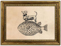 Gold Framed Dog on Fish Wall Art, Funny Animal Canvas Print, 16x12 by Qzzrin