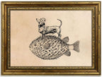 Gold Framed Dog on Fish Wall Art, Funny Animal Canvas Print, 16x12 by Qzzrin