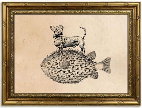 Gold Framed Dog on Fish Wall Art, Funny Animal Canvas Print, 16x12 by Qzzrin