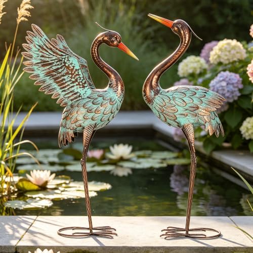 37" Blue Heron Statue Outdoor Decor, Large Metal Cranes, Patina - Image 4