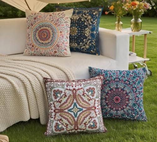 Boho Throw Pillow Covers 20X20 Inch Set of 4 Farmhouse Decorative Couch Pillow Cases Vintage Floral Pillows for Sofa Living Room Bedroom Summer Outdoor Patio Porch - Image 5
