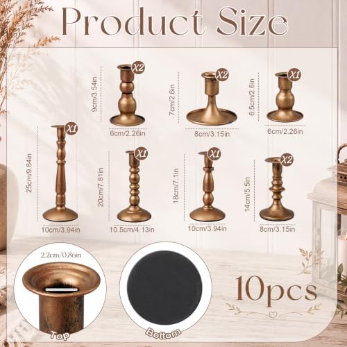 Mumufy 10 Pcs Matte Candlestick Holders, Metal Wedding Taper Candle Holders Vintage Candles Stand Set, Candle Stick Decor for Mantel Table Centerpiece Wedding Dining Table Decor Mantelpiece (Bronze) - Image 2