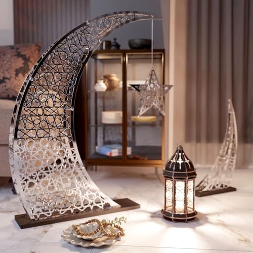 iwa concept Ramadan Crescent Moon Decor Islamic Home Decoration for Eid Muslim Gifts (Shiny Silver, 33x24.4 inches | 84x62 cm) - Image 2