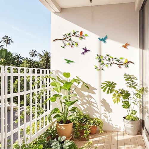 Harikikochuu 4PCS Metal Birds Wall Art, Birds on the Branch Silhouette Art, Metal Leaves with Hummingbirds Outdoor Wall Art for Home Office Balcony Garden Decor (Colorful, Hummingbirds) - Image 6