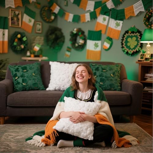 Tiamon 4 Pcs St. Patrick's Day Throw Pillow Covers 18 x 18 Inch 3D Embroidered Plush Green Shamrock Pillow Cases Lucky Clover Fluffy Faux Fur Cushion Covers for Spring Holiday Home Bed Sofa Couch - Image 4