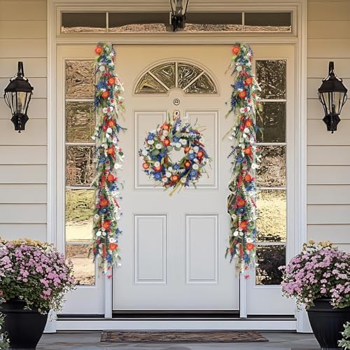 TEMPUS 5.9 ft Patriotic Garland Spring Red White and Blue Flowers Garland for 4th of July Memorial Day and Veterans Day Summer Fireplace Indoor Outdoor Decorations - Image 7