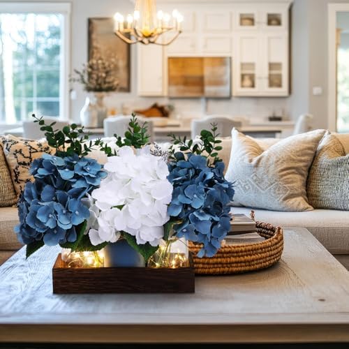 Suncalla 3 Pcs Blue White Artificial Hydrangea Mason Jar Table Centerpiece - Image 4