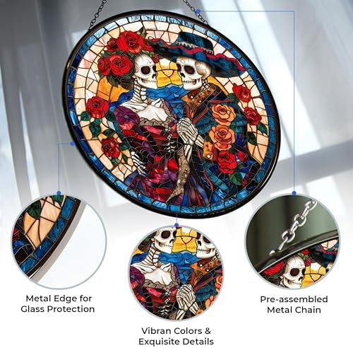 Day of The Dead Couple Stained Glass Suncatcher Window Hangings, Mexican Skull Decor, Sugar Skull Gifts for Women 11.8" - Image 3