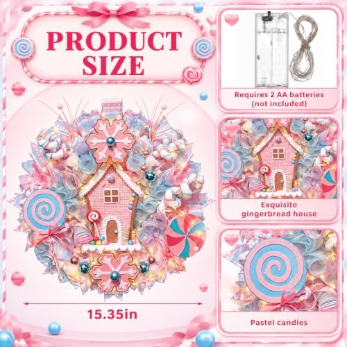 Knitgrip Pastel Gingerbread House Pre-Lit Christmas Wreaths for Front Door - Image 2