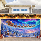 Magical Christmas Garage Door Banner Mural - Santa Sleigh Reindeer Flying Over Winter Snow Village Backdrop Large 7x16ft Holiday Outdoor Wall Decor Durable Weatherproof Fabric Cover for Home Xmas - Image 4
