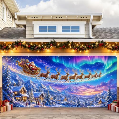 Magical Christmas Garage Door Banner Mural - Santa Sleigh Reindeer Flying Over Winter Snow Village Backdrop Large 7x16ft Holiday Outdoor Wall Decor Durable Weatherproof Fabric Cover for Home Xmas - Image 4