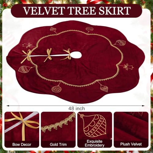 Blueweenly Burgundy Velvet Christmas Tree Skirt 48 in Vintage Tree Skirt - Image 2