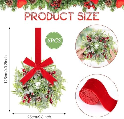 6 Pcs 9.2" Mini Christmas Wreaths for Cabinets Small Wreath Kitchen with Ribbon Christmas Decorations Candle Rings Red Berry Pine Cone Wreaths for Windows Farmhouse Xmas Decor Table Centerpiece - Image 3