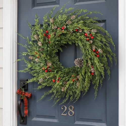 24" Artificial Christmas Cedar Wreath with Berry for Front Door Decoration - Image 2