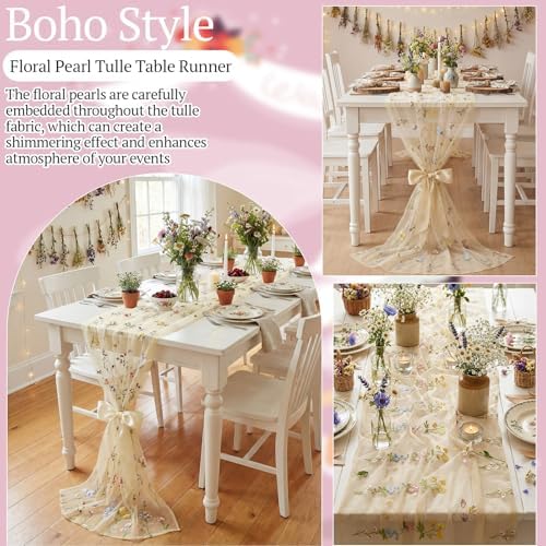 Lounsweer 3 Pcs Apricot Wildflower Table Runner 10ft Embroidery Tulle - Image 5