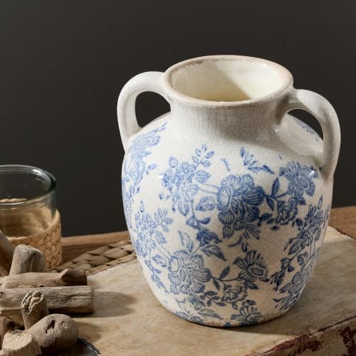 Ceramic Vase with Handles, Vintage Utensil Holder, Flower Decorative Vase Chinoiserie Decor Rustic Farmhouse Retro Floral Vases for Table Bookshelf Mantel Kitchen Living Room Office - 6.7” Blue 018 by ooit