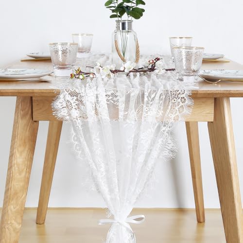 6 Pcs White Lace Table Runner 30 x 120 Inch Rustic Vintage Embroidered Sash by LuoluoHouse