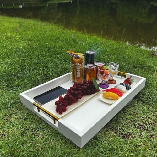 14x20 Inches White Faux Leather Wrapped Wood Serving Tray with Metal Handles for Various Occasions, Ottoman, Home Decor Decorative, Living Room, Coffee Table Organizer, Serving Breakfast On Bed - Image 5
