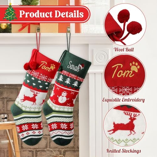 Personalized Christmas Stockings with Embroidered Name & Monogram,Custom Knit Christmas Stocking for Kids Girl Family,5 Pack 19.7” Large Xmas Stockings for Fireplace or Holiday Decor - Image 2