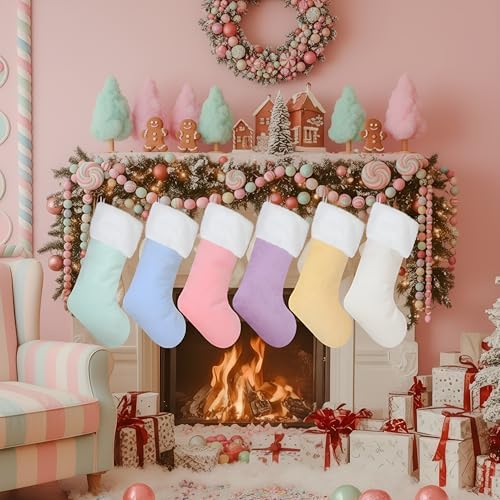 6 Pcs 18in Pastel Christmas Stockings Macaron Velvet Xmas Stockings - Image 5