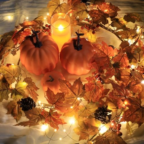 6 Ft Artificial Fall Garland with Lights - Autumn Maple Leaf f Thanksgiving Decor Hanging Vine Autumn Foliage Garland Used for Home Wedding Party Decor - Image 6