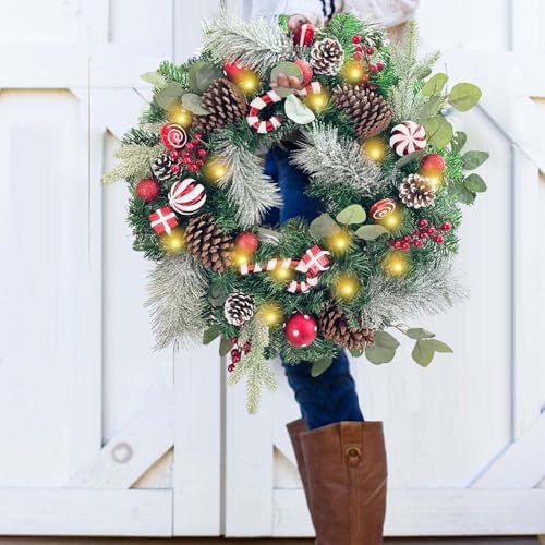 WANNA-CUL Pre-Lit 24 Inch Red White Christmas Wreath for Front Door - Image 4