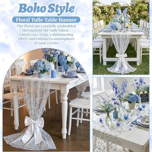 Lounsweer 3 Pcs Blue Flower Table Runner 10ft Embroidery Tulle Lace - Image 5