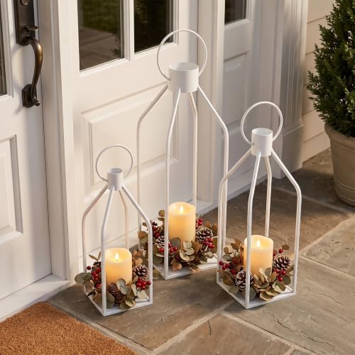 Decorative Lanterns Set of 3-19/16/13 Inch White Metal Indoor Lanterns Decorative with Flickering LED Candles, Front Entrance Decor for Farmhouse Wedding Christmas Home Decor - Image 4