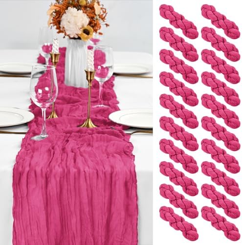 20 Pack Hot Pink Table Runner 10Ft Cheesecloth Table Runner Boho Gauze Table Runners Romantic Long Sheer Fabric Cheese Cloth Table Runners for Wedding Party Bridal Shower(Hot Pink) by YMHPRIDE