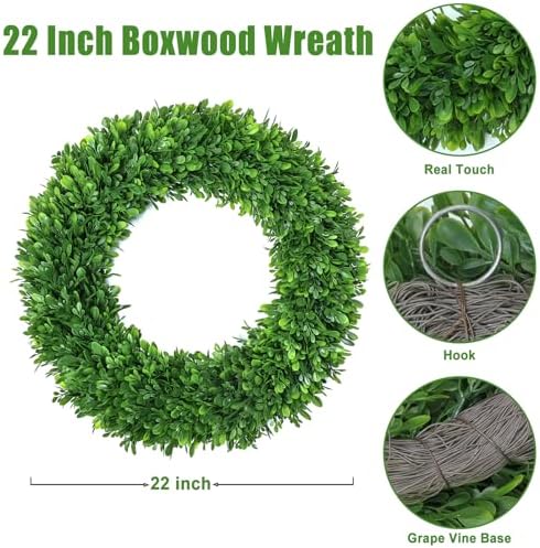 Green Boxwood Wreaths for Front Door Realistic 22Inch All Season Eucalyptus - Image 4