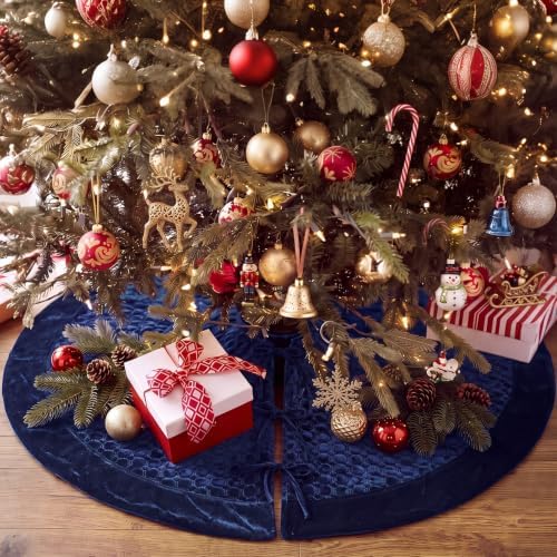 Arrowbash 48 Inch Velvet Christmas Tree Skirt Quilted Tree Skirt, Navy Blue - Image 3