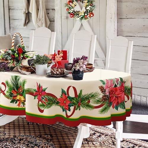Yighty Oval Christmas Tablecloth 60x120In,Poinsettia Holly Pine Cone Christmas Table Cloth,Polyester Waterproof Wrinkle Resistant Durable Tablecloth for Holidays,Kitchen,Winter and Home Decor by YourStylishHome