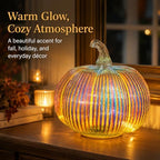 Iridescent Glass Pumpkin Light with Timer, 5.5 in Ribbed Glass Pumpkin Decor, Battery Operated LED Pumpkin Lamp with 3 Lighting Modes, Fall Thanksgiving Halloween Christmas Table Mantel Decor - Image 2