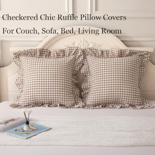 Silnuo 2 Pack Taupe/White Plaid Ruffle Throw Pillow Covers 24"x24" - Image 2