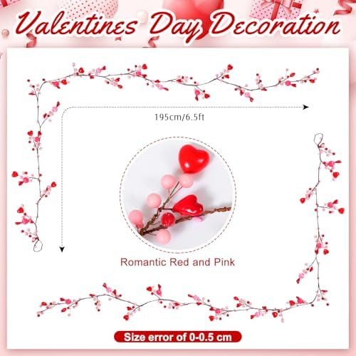 Glooglitter 6.5ft Valentine's Day Garland with String Lights Pink Red Berry Garland Battery Powered Heart Shaped Ball Fairy String Lights for Valentine's Day Party Home Table Wall Decoration - Image 3