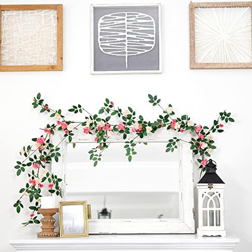 FiveSeasonStuff Pink Wild Rose Vine Garland, Two Faux Silk Floral Garlands with Greenery, Bendable Decorative Vines 12 ft Total - Image 4