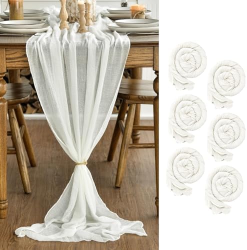 Artoid Mode Boho Milk White Gauze 6 Pieces Wedding Table Runner, 120 Inch Birthday Fabric Kitchen Dining Holiday Table Decor for Home Party Indoor by ArtoidMode