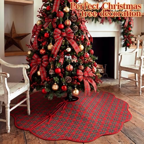 Junkin Red Green Plaid Quilted 60in Christmas Tree Skirt Tartan Tree Decor - Image 5