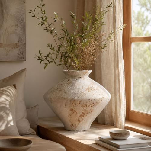 Wabi Sabi Rusty Vintage Vase, 11.4" Tall Wabi Sabi Decor Rustic Farmhouse Pottery Vase for Centerpiece, Textured Pottery Flower Vases for Home Decorative, Table, Living Room (White, Large) - Image 6
