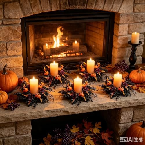 6 Pcs Mini Halloween Candle Ring Wreaths Small Pillar Candle Holder Wreath with Black Twig Branches Pumpkin Dark Purple Rose Autumn Leaves Spooky Gothic Wreaths for Farmhouse Cabinet Fireplace Table - Image 3
