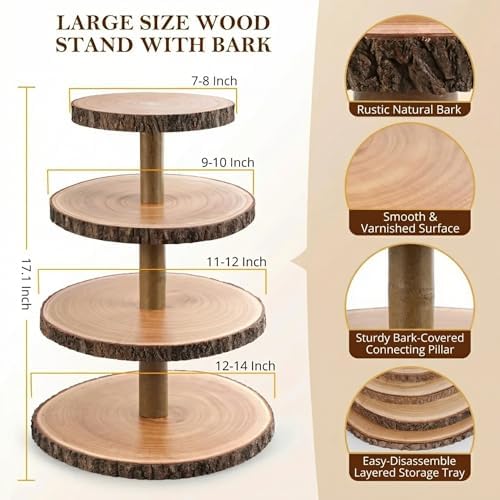 SENMUT 4 Tier Rustic Wood Cupcake Stand with Natural Bark, Varnish Finish, for Wedding, Birthday, Farmhouse Party - Image 4